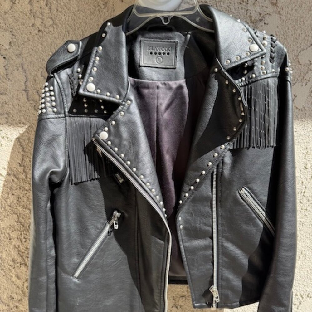 Blank NYC Black Pleather jacket with studs and fringe. Size L